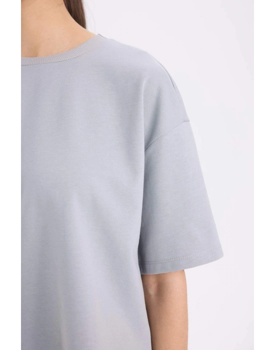 Relax Fit Bisiklet Yaka Basic Düz Kısa Kollu Tişört Gri