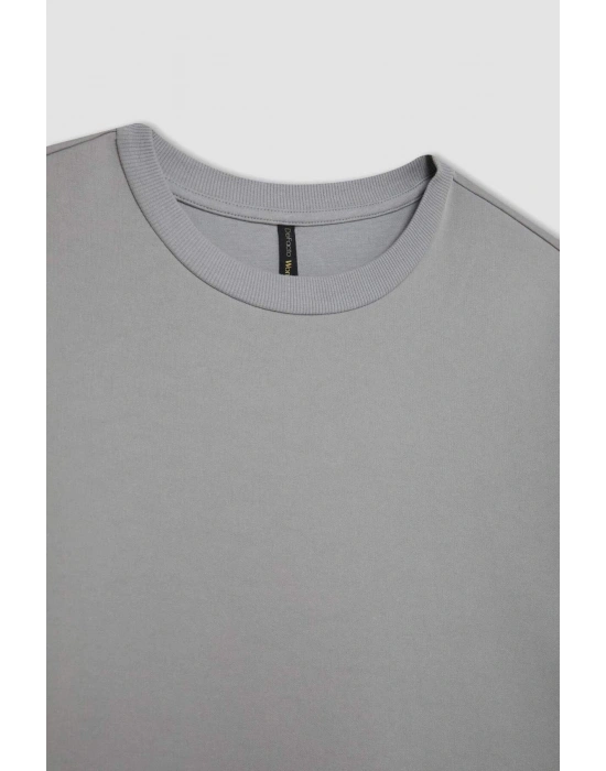 Relax Fit Bisiklet Yaka Basic Düz Kısa Kollu Tişört Gri