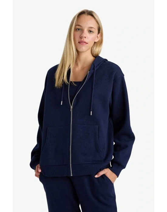 Relax Fit Kapüşonlu Basic Düz Kalın Fermuarlı Sweatshirt