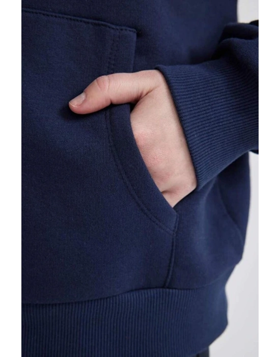 Relax Fit Kapüşonlu Basic Düz Kalın Fermuarlı Sweatshirt