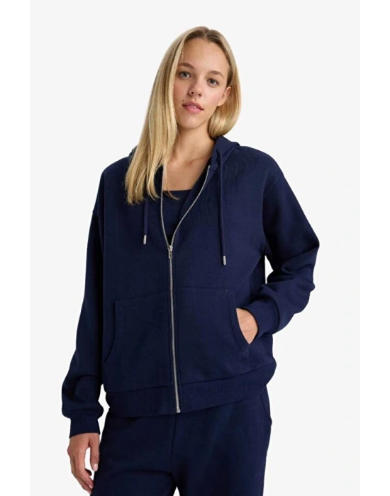Relax Fit Kapüşonlu Basic Düz Kalın Fermuarlı Sweatshirt