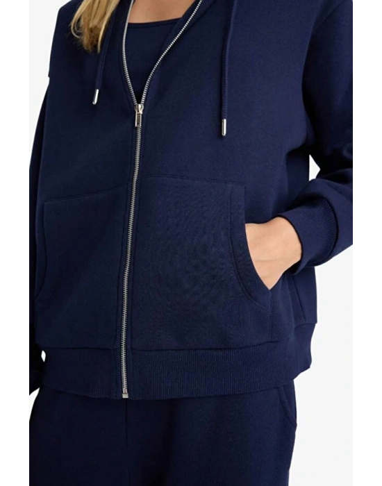 Relax Fit Kapüşonlu Basic Düz Kalın Fermuarlı Sweatshirt