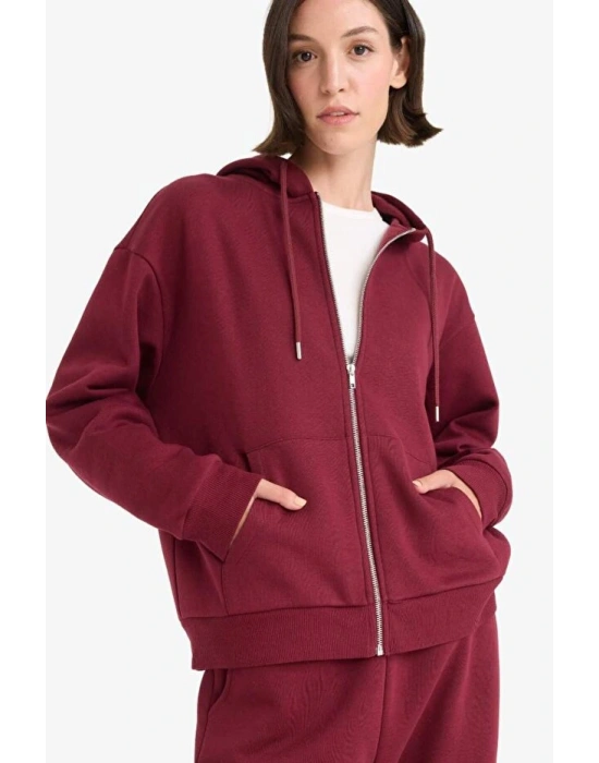 Relax Fit Kapüşonlu Basic Düz Kalın Fermuarlı Sweatshirt