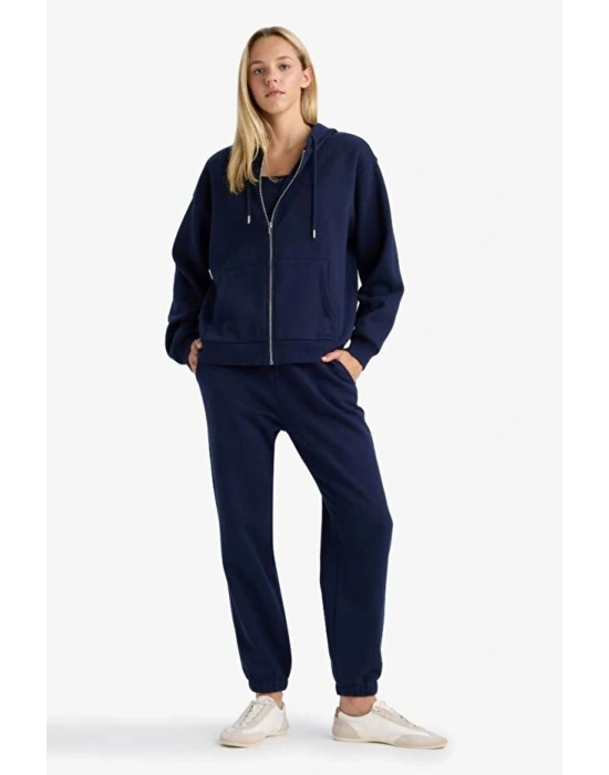 Relax Fit Kapüşonlu Basic Düz Kalın Fermuarlı Sweatshirt