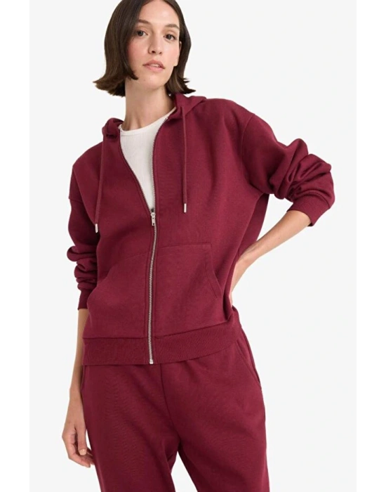 Relax Fit Kapüşonlu Basic Düz Kalın Fermuarlı Sweatshirt