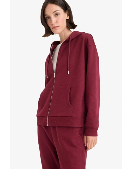 Relax Fit Kapüşonlu Basic Düz Kalın Fermuarlı Sweatshirt
