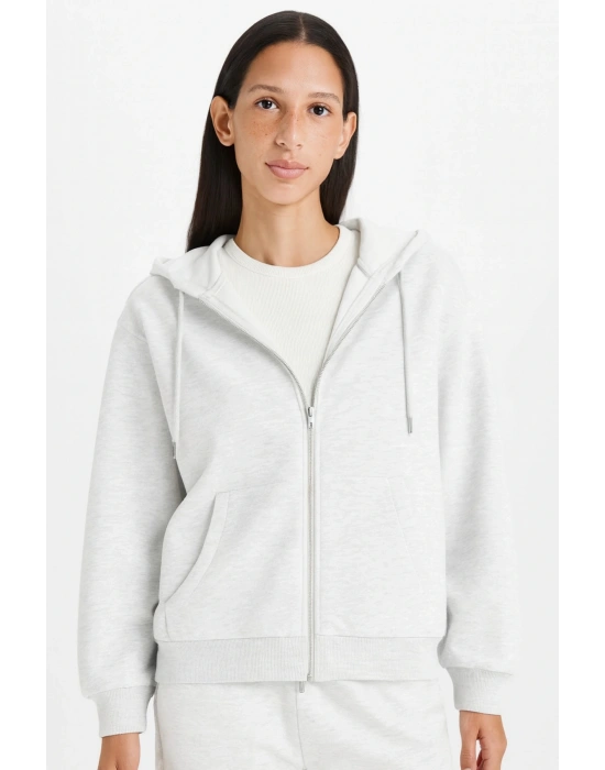 Relax Fit Kapüşonlu Basic Düz Kalın Fermuarlı Sweatshirt