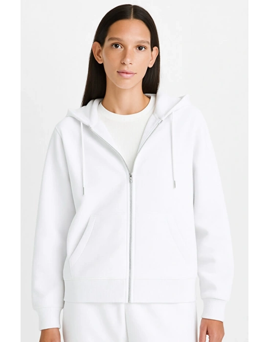 Relax Fit Kapüşonlu Basic Düz Kalın Fermuarlı Sweatshirt