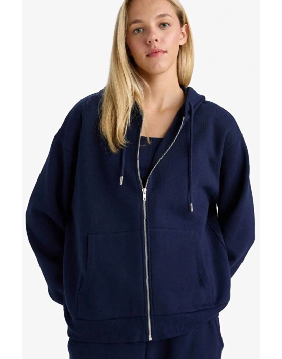 Relax Fit Kapüşonlu Basic Düz Kalın Fermuarlı Sweatshirt