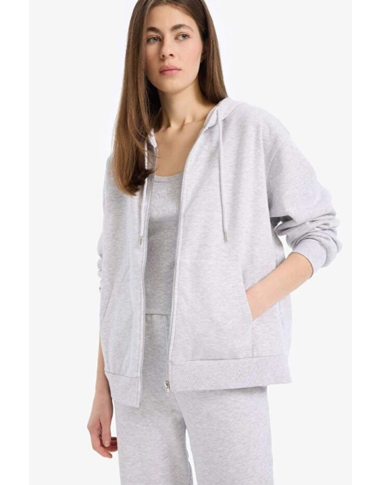 Relax Fit Kapüşonlu Cepli Basic Düz Fermuarlı Sweatshirt