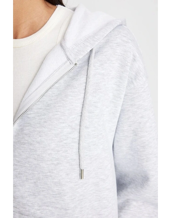 Relax Fit Kapüşonlu Cepli Basic Düz Fermuarlı Sweatshirt