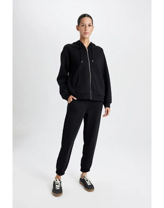 Relax Fit Kapüşonlu Cepli Basic Düz Fermuarlı Sweatshirt