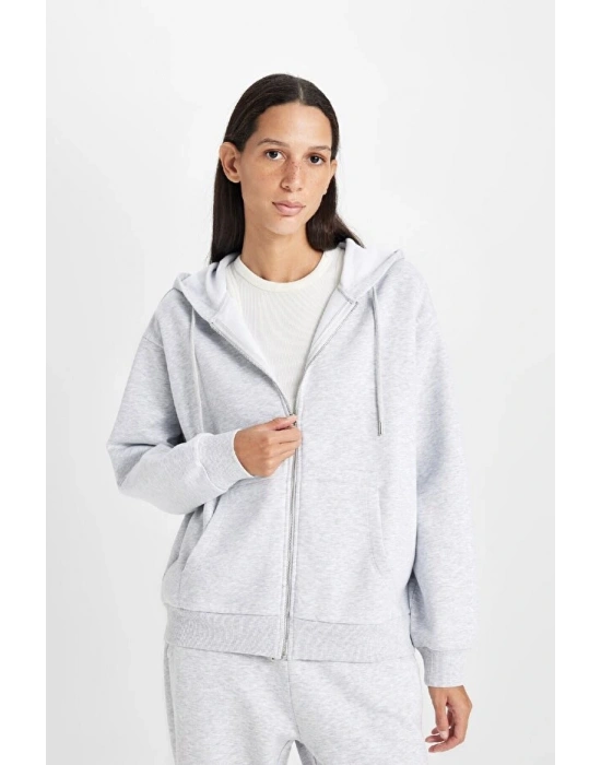 Relax Fit Kapüşonlu Cepli Basic Düz Fermuarlı Sweatshirt