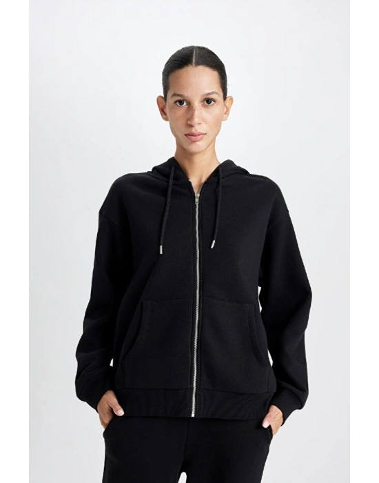 Relax Fit Kapüşonlu Cepli Basic Düz Fermuarlı Sweatshirt