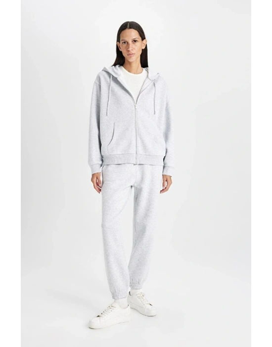 Relax Fit Kapüşonlu Cepli Basic Düz Fermuarlı Sweatshirt