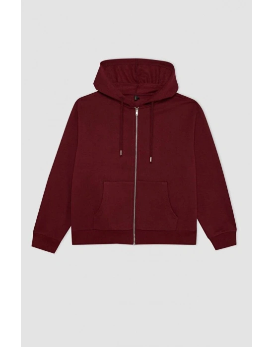 Relax Fit Kapüşonlu Cepli Basic Düz Fermuarlı Sweatshirt