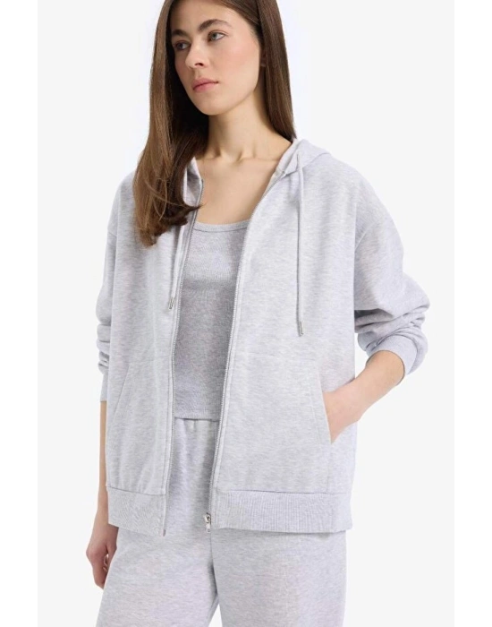 Relax Fit Kapüşonlu Cepli Basic Düz Fermuarlı Sweatshirt
