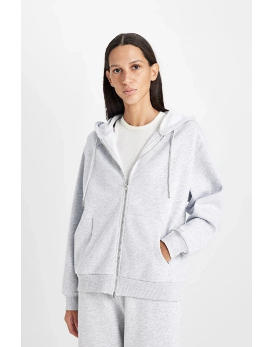Relax Fit Kapüşonlu Cepli Basic Düz Fermuarlı Sweatshirt