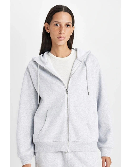 Relax Fit Kapüşonlu Cepli Basic Düz Fermuarlı Sweatshirt