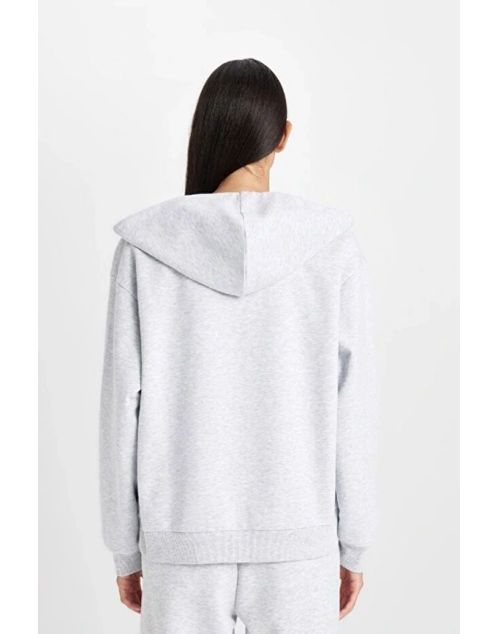 Relax Fit Kapüşonlu Cepli Basic Düz Fermuarlı Sweatshirt