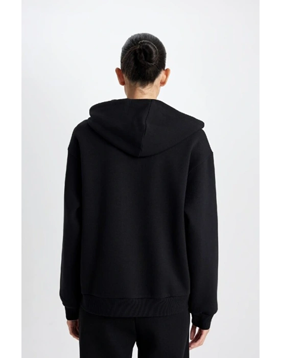 Relax Fit Kapüşonlu Cepli Basic Düz Fermuarlı Sweatshirt