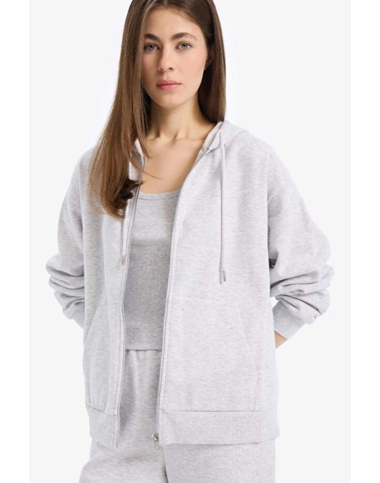 Relax Fit Kapüşonlu Cepli Basic Düz Fermuarlı Sweatshirt