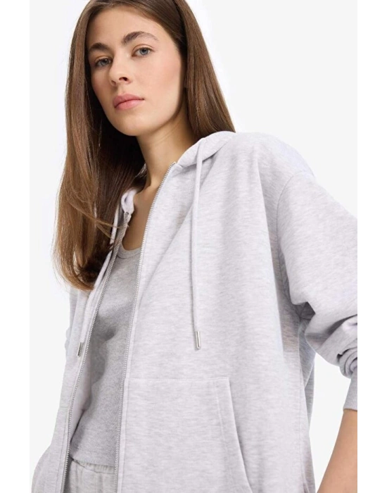Relax Fit Kapüşonlu Cepli Basic Düz Fermuarlı Sweatshirt