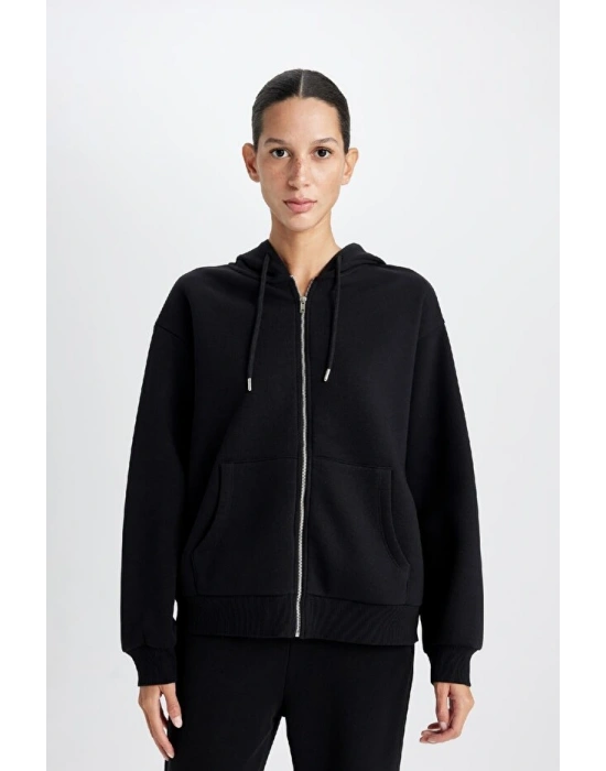 Relax Fit Kapüşonlu Cepli Basic Düz Fermuarlı Sweatshirt