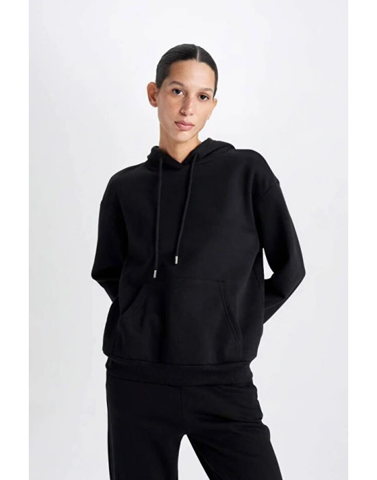 Relax Fit Kapüşonlu Kanguru Cepli Kalın Basic Düz Siyah Sweatshirt