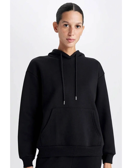 Relax Fit Kapüşonlu Kanguru Cepli Kalın Basic Düz Siyah Sweatshirt