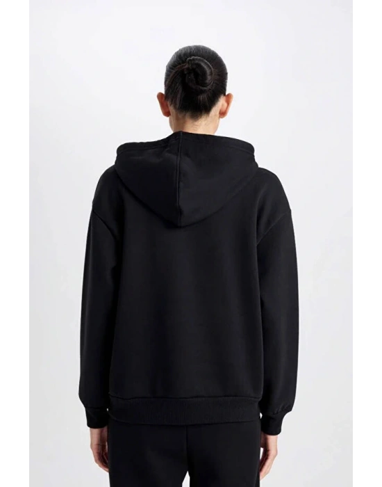 Relax Fit Kapüşonlu Kanguru Cepli Kalın Basic Düz Siyah Sweatshirt