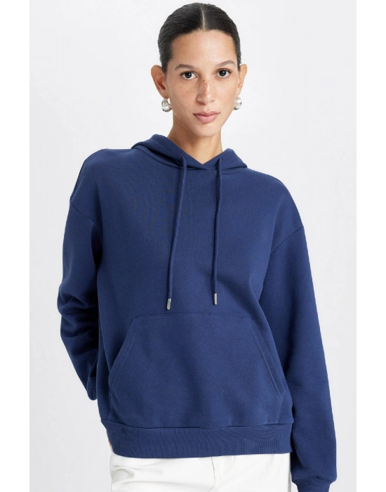 Relax Fit Kapüşonlu Kanguru Cepli Kalın Basic Düz Sweatshirt