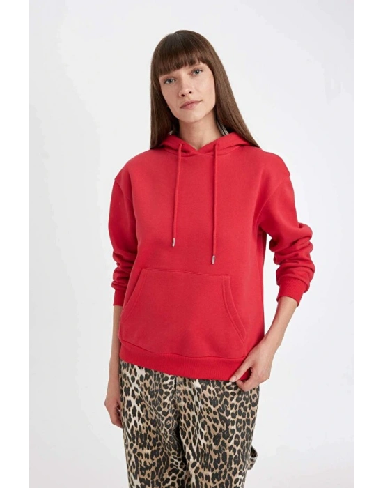 Relax Fit Kapüşonlu Kanguru Cepli Kalın Basic Düz Sweatshirt