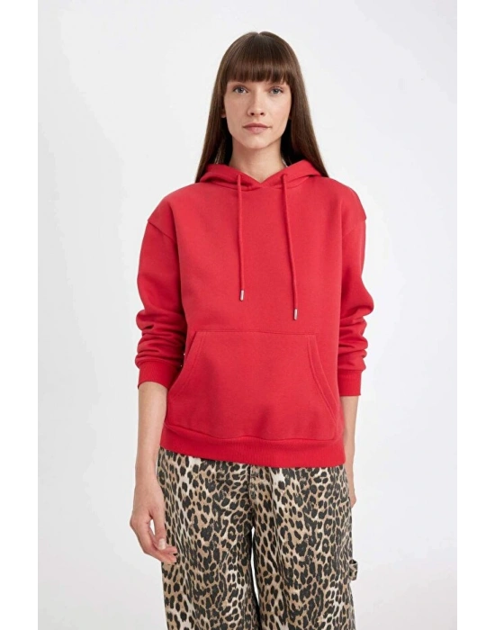 Relax Fit Kapüşonlu Kanguru Cepli Kalın Basic Düz Sweatshirt