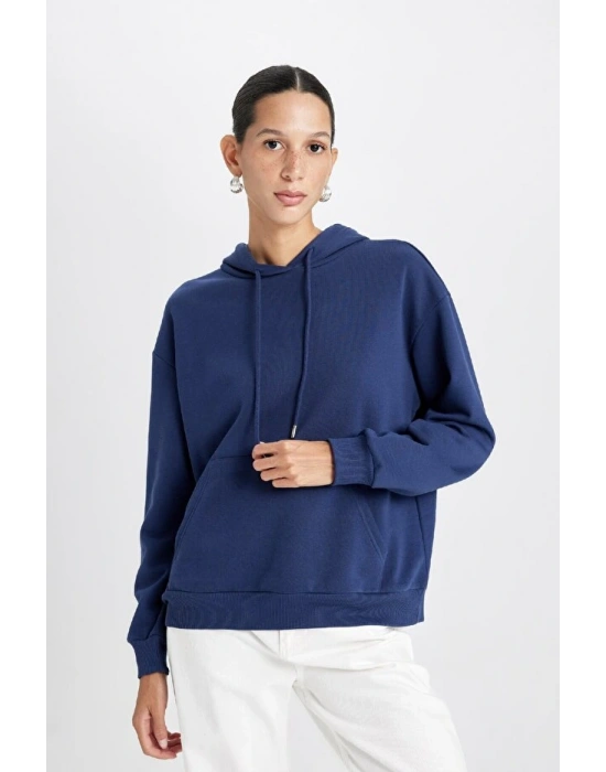 Relax Fit Kapüşonlu Kanguru Cepli Kalın Basic Düz Sweatshirt