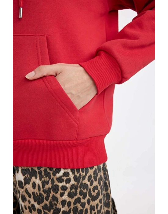 Relax Fit Kapüşonlu Kanguru Cepli Kalın Basic Düz Sweatshirt