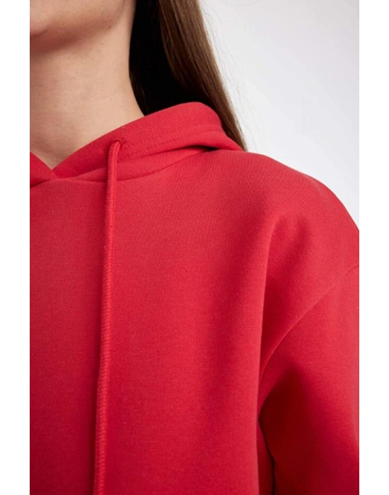Relax Fit Kapüşonlu Kanguru Cepli Kalın Basic Düz Sweatshirt