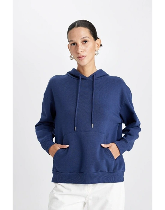 Relax Fit Kapüşonlu Kanguru Cepli Kalın Basic Düz Sweatshirt