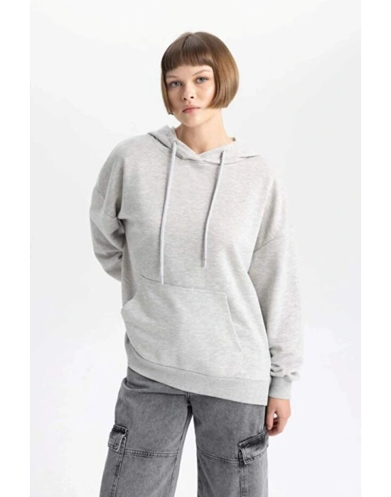 Relax Fit Kapüşonlu Kanguru Cepli Kalın Basic Düz Sweatshirt