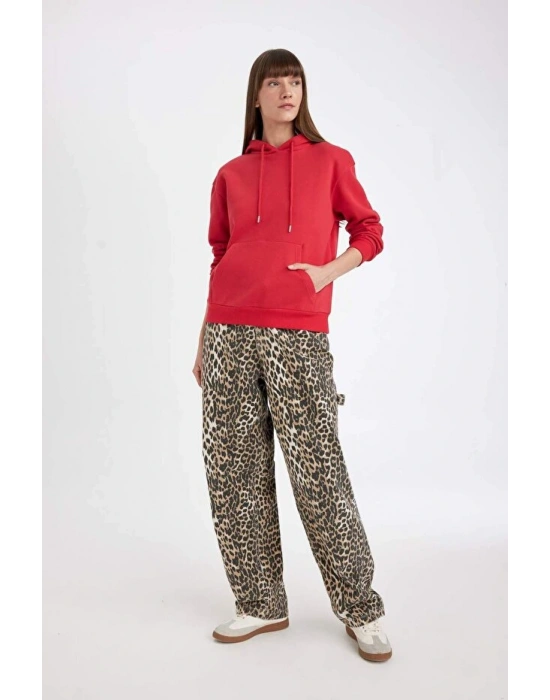 Relax Fit Kapüşonlu Kanguru Cepli Kalın Basic Düz Sweatshirt