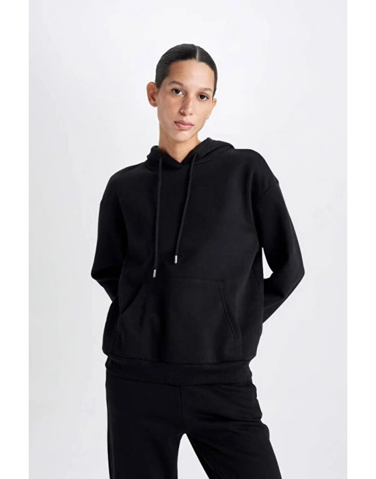 Relax Fit Kapüşonlu Kanguru Cepli Siyah Kadın Sweatshirt