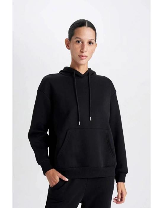 Relax Fit Kapüşonlu Kanguru Cepli Siyah Kadın Sweatshirt