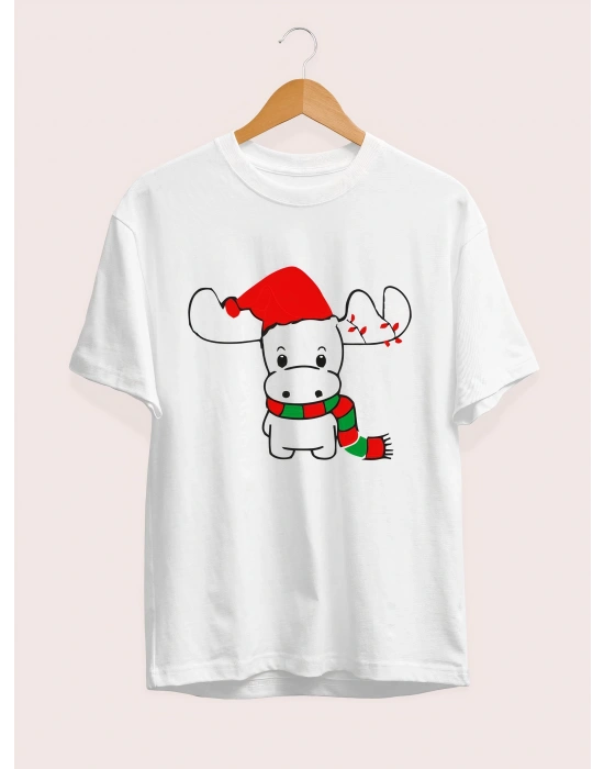 Ren Geyiği baskılı Noel İçin T-shirt - Beyaz
