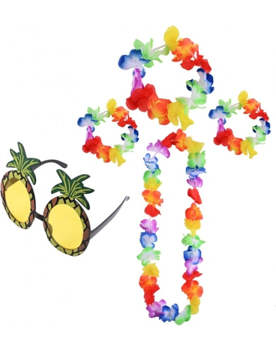 Renkli Ananas Gözlük, Taç, Kolye ve Bileklik Seti