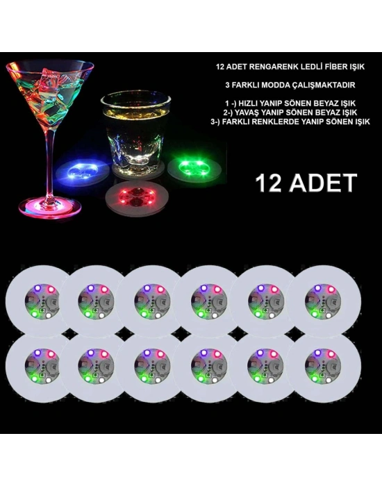 Renkli LED Işıklı Bardak Altlığı - Dekoratif (12 Adet, Pilli)