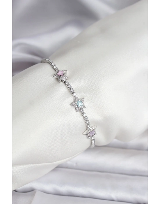 Renkli Yıldız Model Zirkon Taşlı Gümüş Renk Pirinç Su Yolu Kadın Bileklik