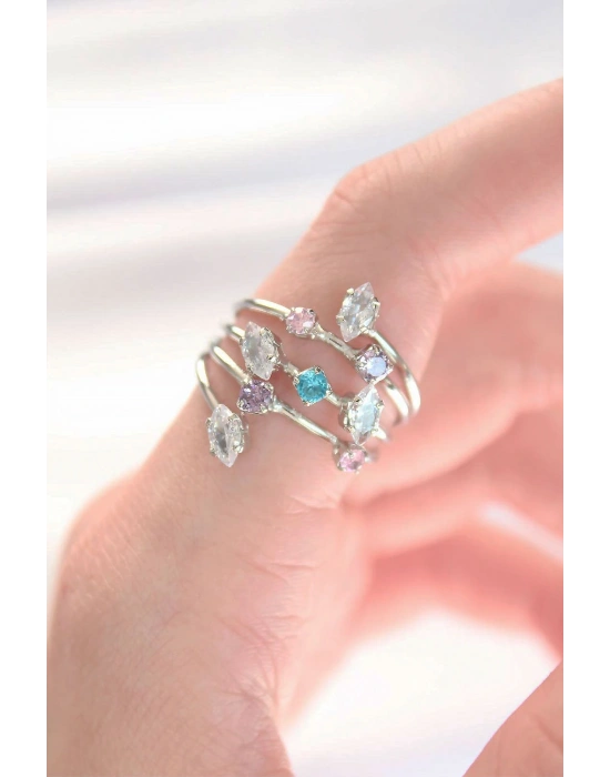 Renkli Zirkon Taşlı Silver Renk Ayarlanabilir Yüzük