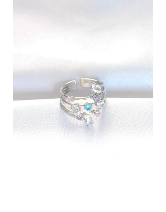 Renkli Zirkon Taşlı Silver Renk Ayarlanabilir Yüzük