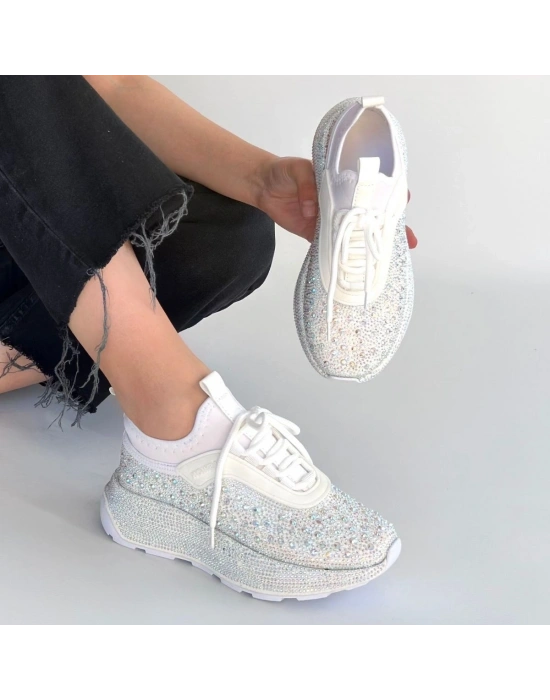 Rimay Beyaz Cilt Boncuk İşlemeli Spor Ayakkabı