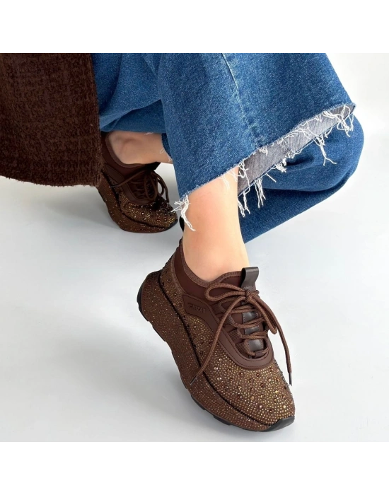 Rimay Kahverengi Cilt Boncuk İşlemeli Spor Ayakkabı